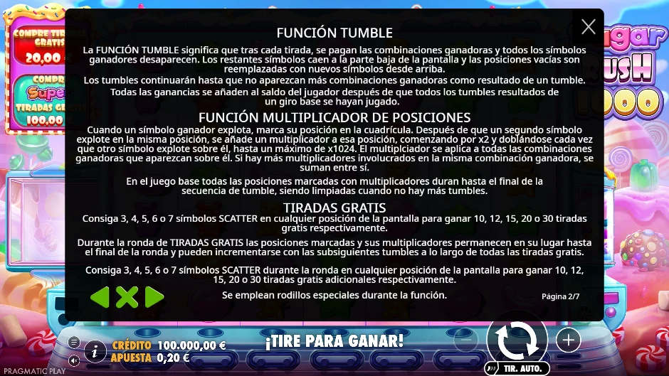 Sugar Rush 1000 — función tumble y multiplicador de posiciones